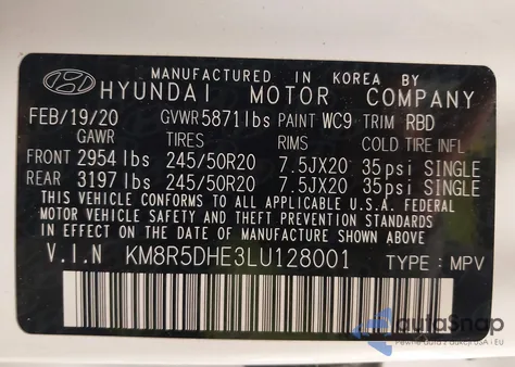 2020 Hyundai Palisade Limited из США, поврежденный, VIN KM8R5DHE3LU128001